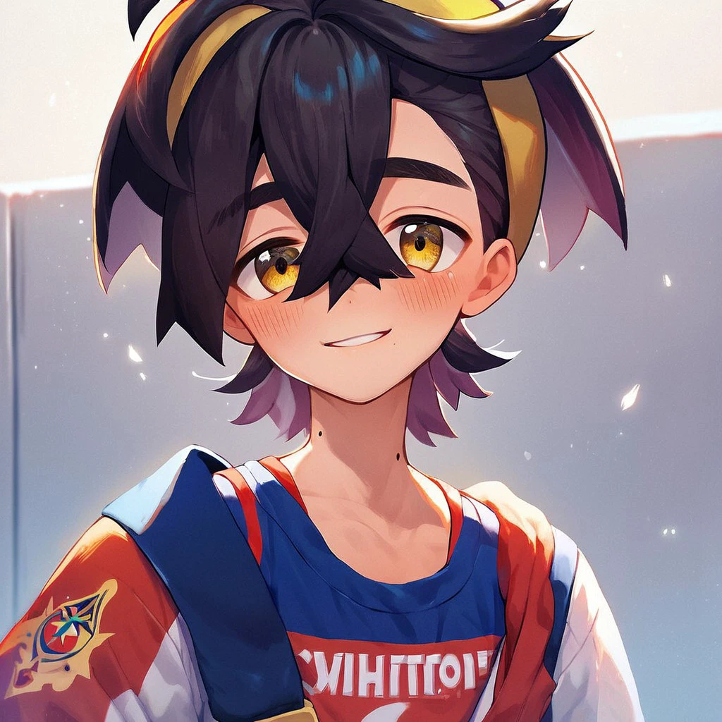 (masterpiece), score_9, score_8_up, score_7_up, score_6_up, score_5_up, score_4_up, 1boy, solo, Kieran, multicolored hair, yellow eyes, mole on neck, Hairstyle-A, yellow hairband, Outfit-A, blush, soft smile, looking at viewer