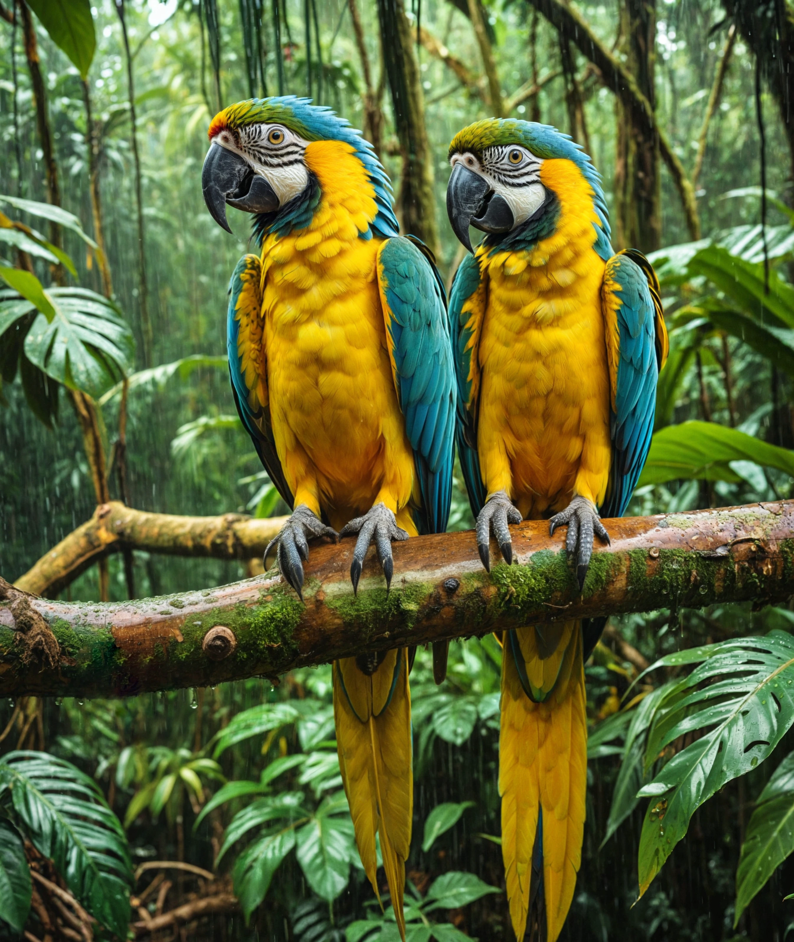 cinematic photo phone camera photo of cinematic photo of pair of majestic Blue and Gold (yellow) macaw Bird Parrot sat on a branch in the jungle rain forest, colorful, shot, film grain, extremely detailed