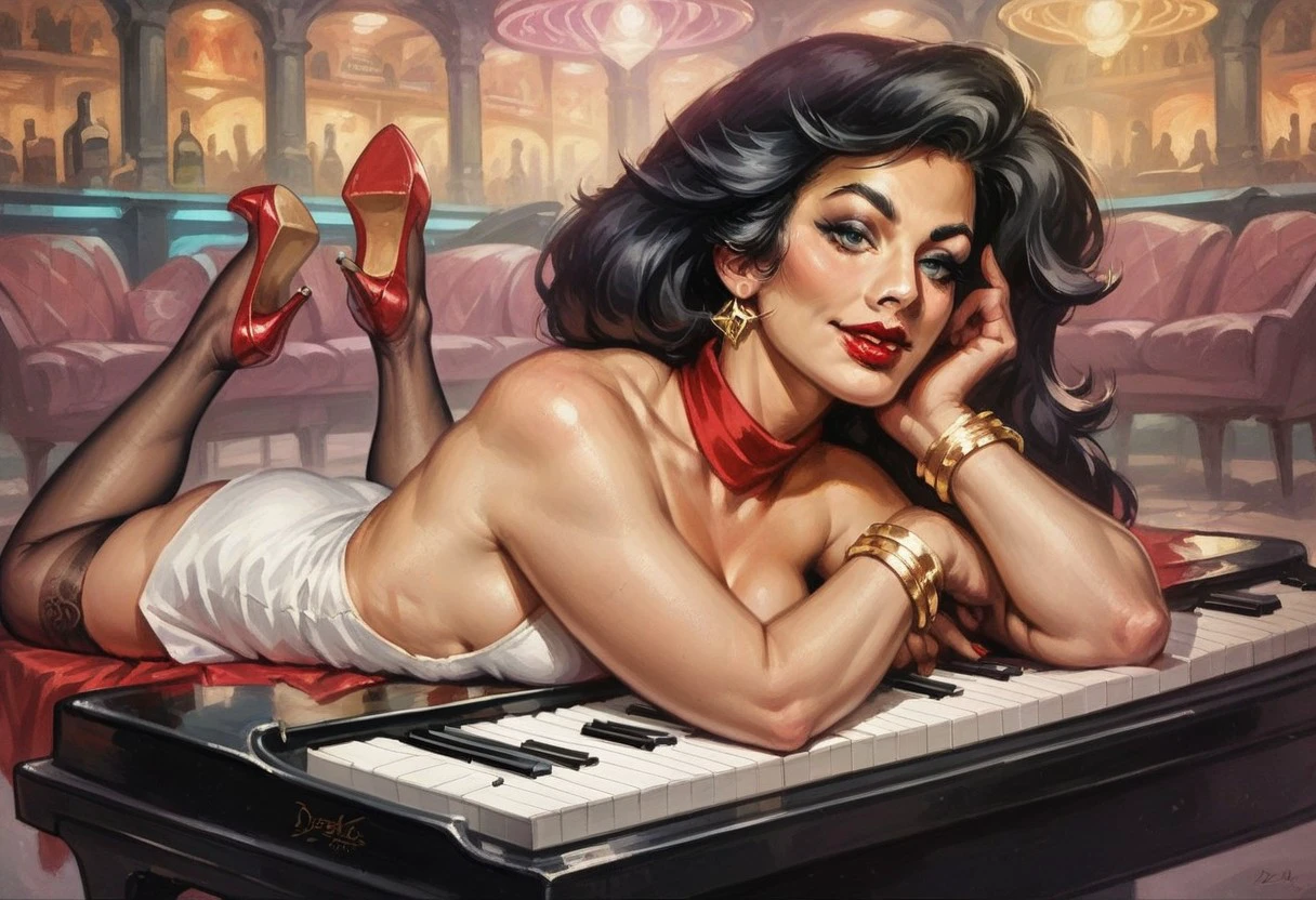 score_9_up, score_8_up, score_7_up, score_6_up, 1girl, solo, P_Patti, long black hair, red lipstick, white backless polo neck dress, stockings, red high heels, (laying on top of a grand piano), (in a nightclub), seductive smile, earrings, bracelet, (realistic), (painted art)