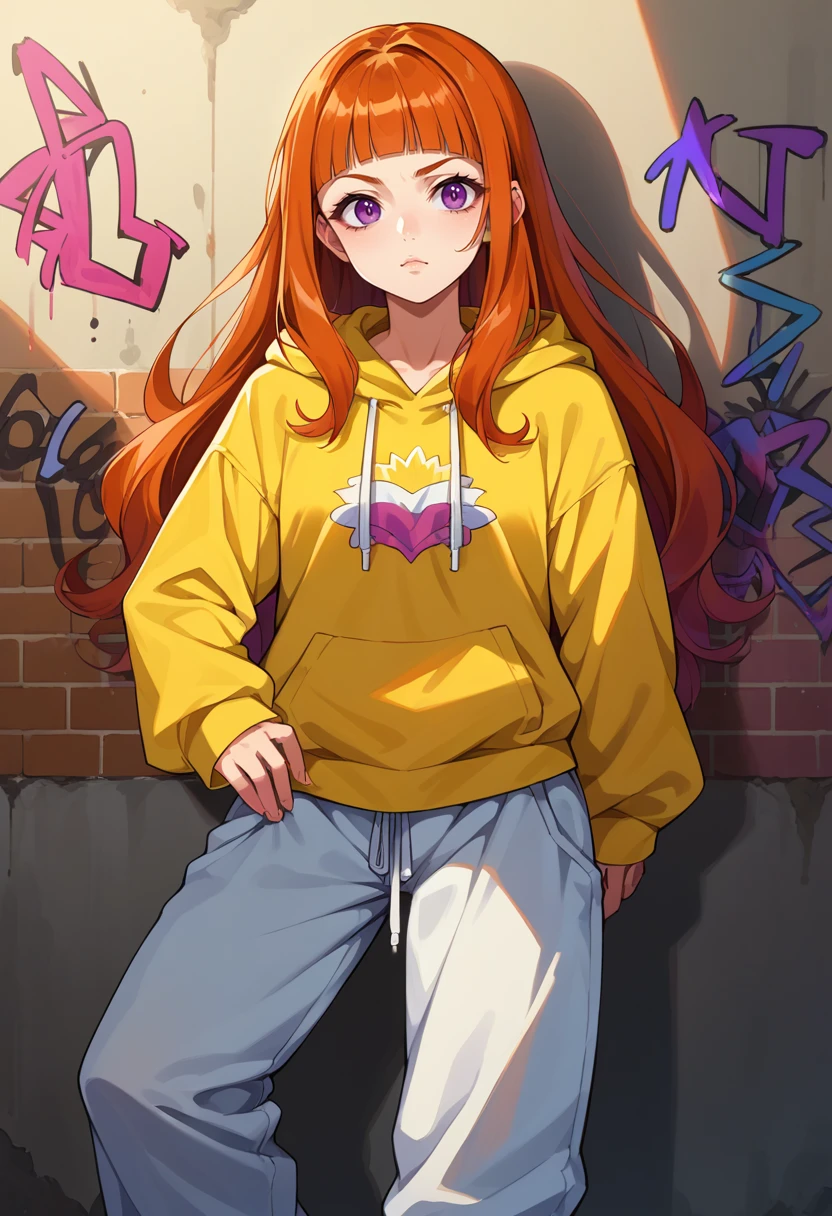 score_9, score_8_up, source_anime, 1girl, solo, AnjuYuuki, purple eyes, orange hair, long hair, blunt bangs, urban and street style, graffiti-inspired colors, cool and edgy attire, baggy pants, oversized hoodie, stylish sneakers, fashionable accessories, hip hop jewelry, confident expression, graffiti walls, energetic and vibrant atmosphere, <lora:ChamAnjuYuukiPonyXL:1>