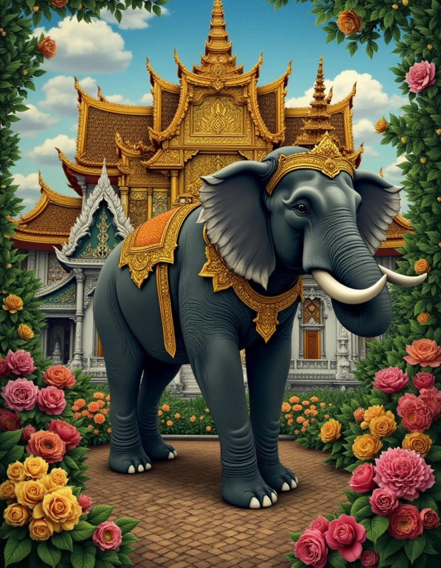 <lora:Ramayana:1:2>, (((Ramayana))), The backdrop is a Thai-style palace. and has a flower garden Virtual image, (((Thai art style, High Detail))), sky background, (((realistic))), high quality, (elephant), realistic, cinematic, 8k, movie, very detailed