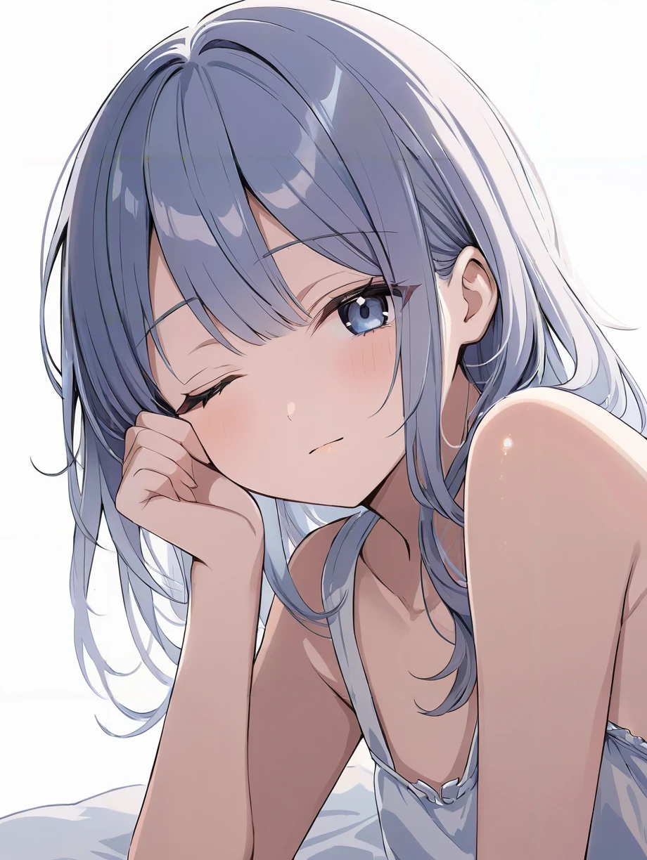 masterpiece,ultra-detailed,best quality,8K,illustration,cute face,clean skin ,shiny hair,girl,ultra-detailed-eyes,simple background, <lora:add-detail-xl:1>  <lora:rubbing eyes_XL_V1.0:0.8> rubbing eyes, one eye closed, sleepy