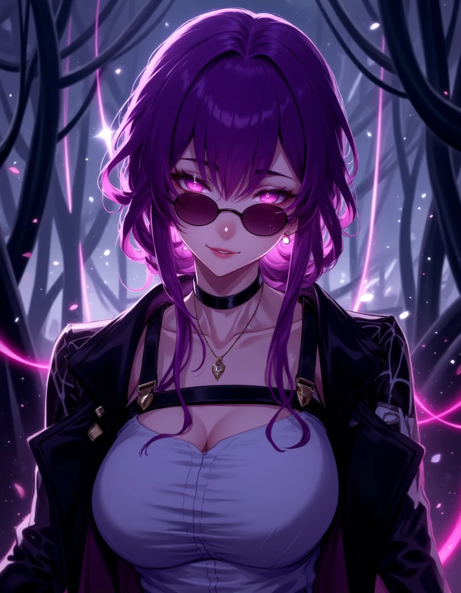 kafka, female, purple hair, glowing pink eyes, white top, black jacket, bold straps, sunglasses, inside a forest, neon lights