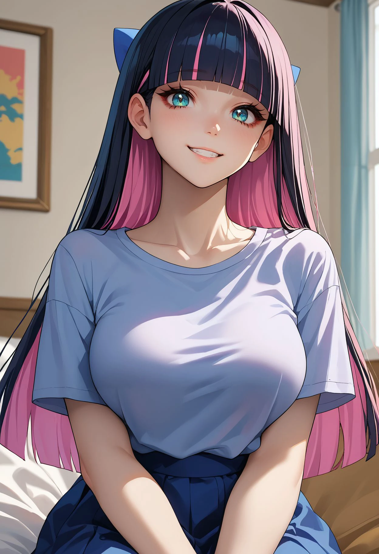 anime girl with purple hair and purple shirt sitting on a stool, hinata hyuga, seductive anime girl, oppai, anime moe artstyle, ecchi, ecchi anime style, ahegao, thicc, shikamimi, marin kitagawa fanart, misato katsuragi, ecchi style, hinata hyuga from naruto, yuyushiki