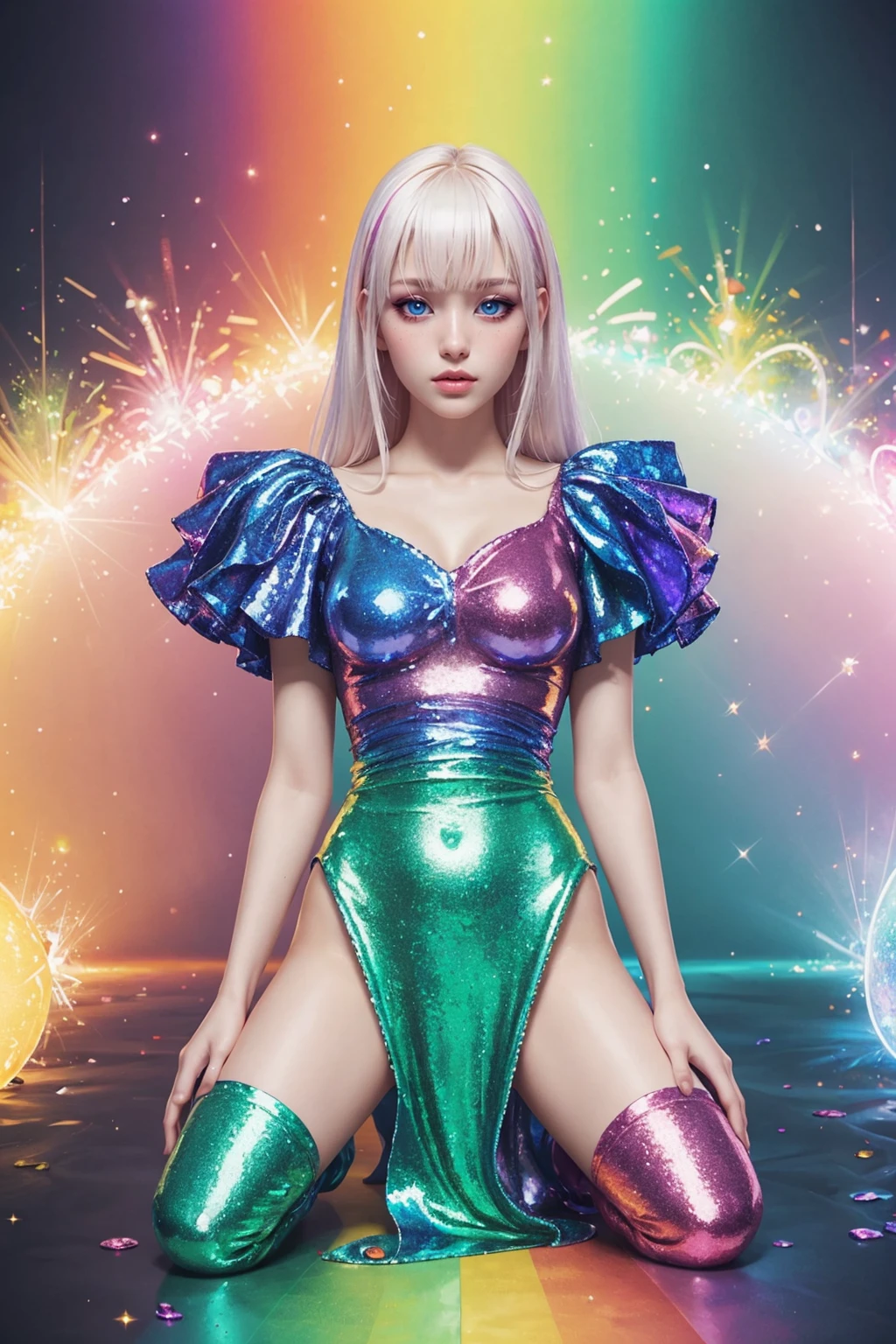 ((detailed_real_photo, full_body))  <lora:RainbowCutie:1>  ((colorful_rainbow_girl, albino)) ((large_glittering_rainbow_eyes))  ((amazing_iridescent_clothes, Tight_shiny_textured)) ((pale_skin, rosy_cheeks))  <lora:rainbow girl 1.1:.01> rainbow girl, 1girl