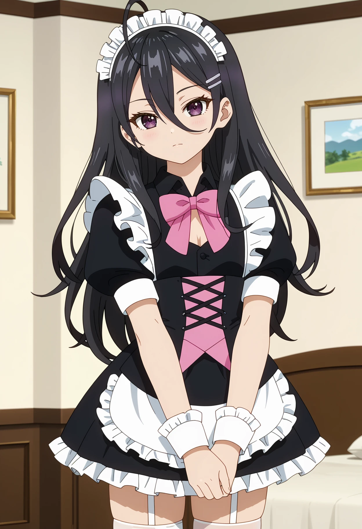 score_7_up, anime screencap, anime coloring,
<lora:Roshidere_KimishimaAyanoXL:0.9>,
1girl, solo, closed mouth, head tilt,
long hair, black hair, ahoge, hair between eyes, purple eyes,
AyanoMaid, hairclip, maid headdress, black dress, pink bowtie, puffy short sleeves, wrist cuffs, corset, layered skirt, white skirt, thigh strap, white thighhighs,
v arms, thigh gap, standing, looking at viewer, cowboy shot,
blurry background, indoors, bedroom