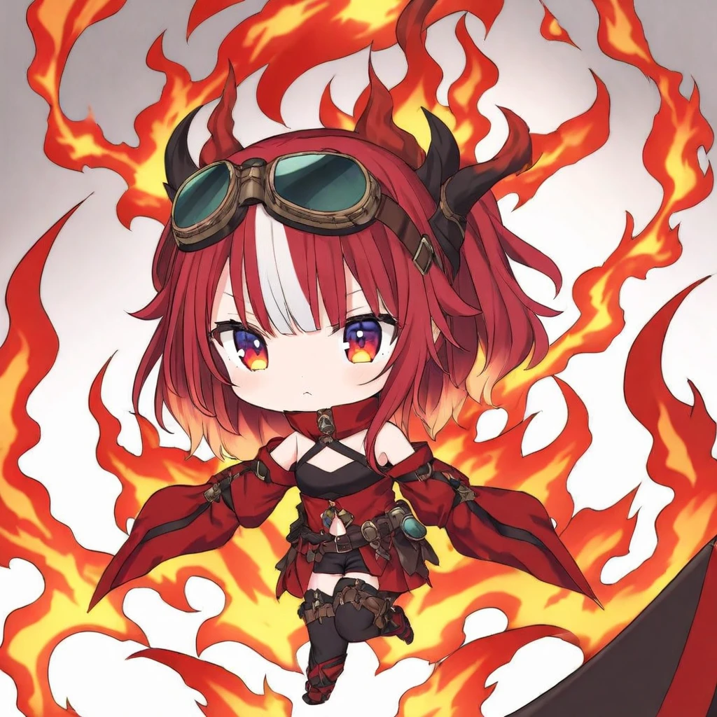 saya, red crimson hair, small breasts, white bangs, dragon girl, goggles, bare shoulders, gradient eyes, virtual youtuber, anime drawing, short,
chibi, fire, 
<lora:SAYA-XL-t1-000004:0.6>