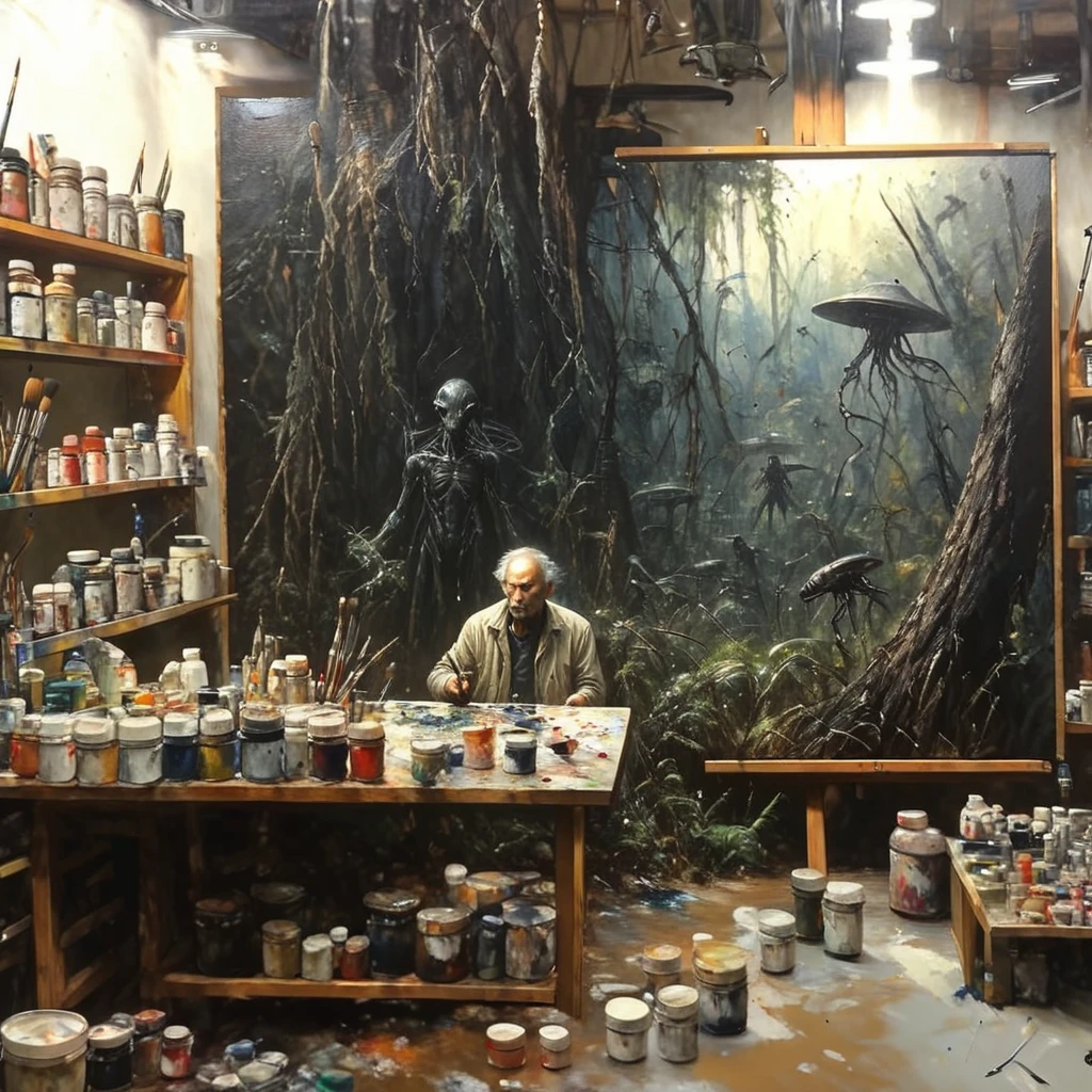 oneironartifex onefex a painting in a painting studio, old artist man and alien, very detailed<lora:oneironartifex:1.2>