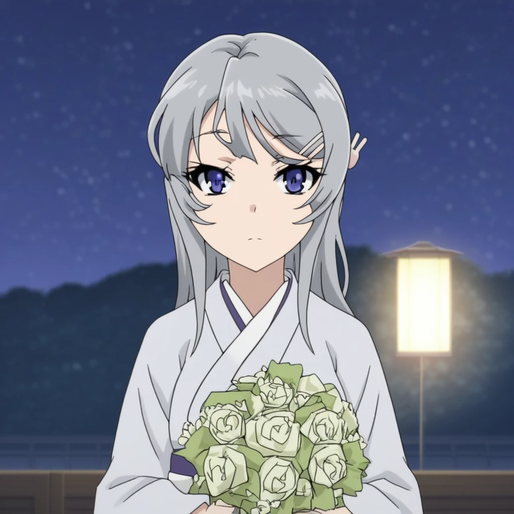 night sky, paper, bouquet, japanese clothes, looking at viewer, skirt, eyelashes, grey hair, hairclip