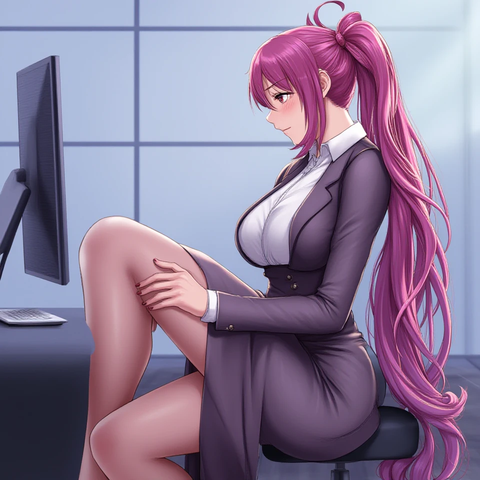 A side view of a woman sitting at her computer in the office. Her arms are reaching forward as she types on a keyboard. Her legs are crossed showcasing an elegantly beautiful pair of crossed legs with nylon coverings.

very long magenta hair, team rocket uniform, ponytail, red eyes, pink bow in hair, huge breasts, business suit, long skirt, white blouse, crossed legs, 