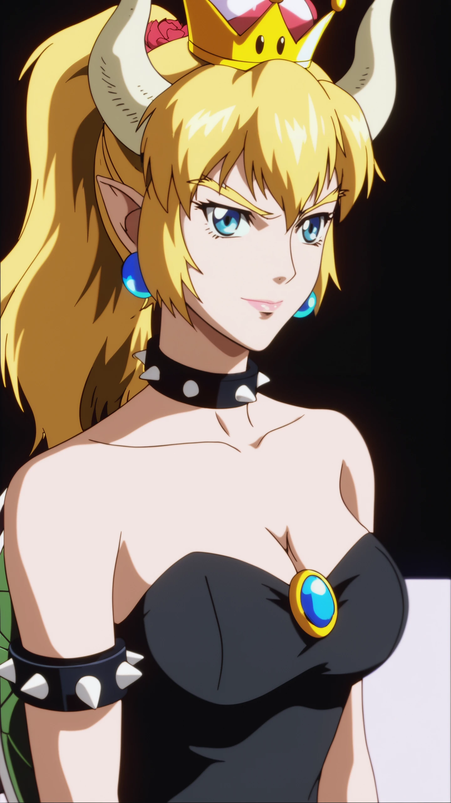 score_9, score_8_up, score_7_up, Analog style, vhs style, Dvd screengrab, old anime, classic anime, i want the whole image to be created in 3D anime style, 1girl, solo, long hair, breasts, looking at viewer, blush, bangs, blue eyes, blonde hair, simple background, hair ornament, dress, cleavage, hair between eyes, bare shoulders, jewelry, medium breasts, closed mouth, collarbone, upper body, ponytail, flower, earrings, horns, pointy ears, hair flower, black dress, collar, lips, eyelashes, strapless, rose, crown, black background, brooch, red flower, gem, strapless dress, spikes, armlet, nose, spiked collar, super crown, turtle shell, spiked armlet, bowsette