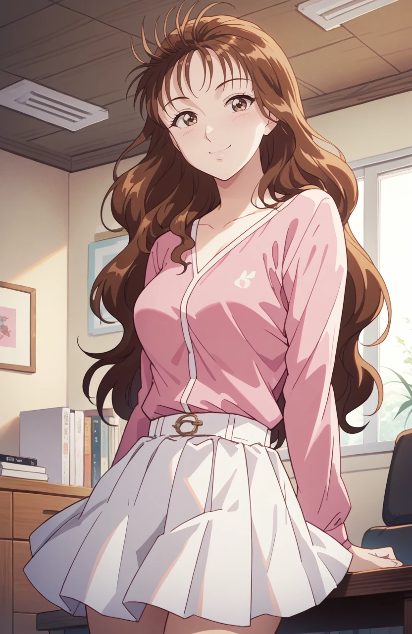 kindaichisaotomeryouko, best quality, masterpiece, uncensored, 1girl,solo,(retro artstyle, 1990s \(style\):1)
,long hair,brown eyes,brown hair,indoors,room,pink shirts,white skirt,smile,  <lora:KindaichiSaotomeRyouko4thtail:1>