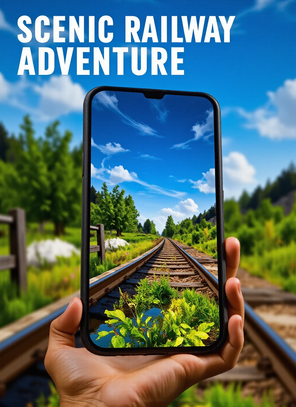 Text: "Scenic Railway Adventure" in bold sans-serif font displayed on the smartphone screen, showcasing a close-up view from a low angle, emphasizing the vibrant smartphone displaying a scenic railway track beneath a bright blue sky, with wisps of white clouds. Lush green vegetation alongside the tracks showcases various shades of emerald and lime. Rustic, weathered wooden fences add to the rural charm, with distant trees providing a natural frame. The surrounding landscape unfolds with woolly clouds dancing against the expansive sky, all bathed in warm natural light that enhances the tranquility of the scene