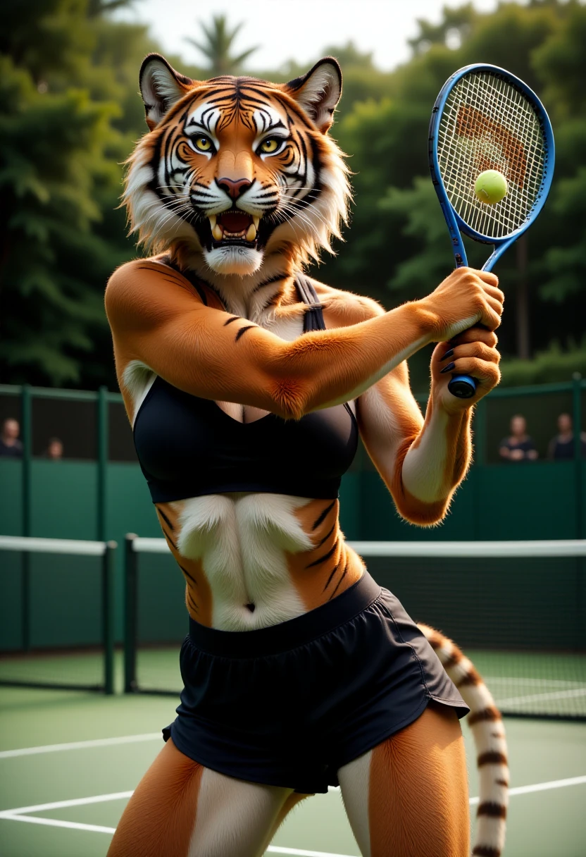 This is a highly detailed, realistic CGI image featuring a anthropomorphic tiger character playing tennis. The character, standing on a tennis court, has a humanoid body covered in orange and white tiger fur, with distinctive black stripes. The character's face is a tiger's head, complete with sharp teeth, piercing yellow eyes, and expressive whiskers. The character's fur is thick and fluffy, particularly around the face and chest area, giving a sense of texture and realism. She has tiger paws and claws instead of human hands. She is wearing black tennis shorts and a black sports bra. 