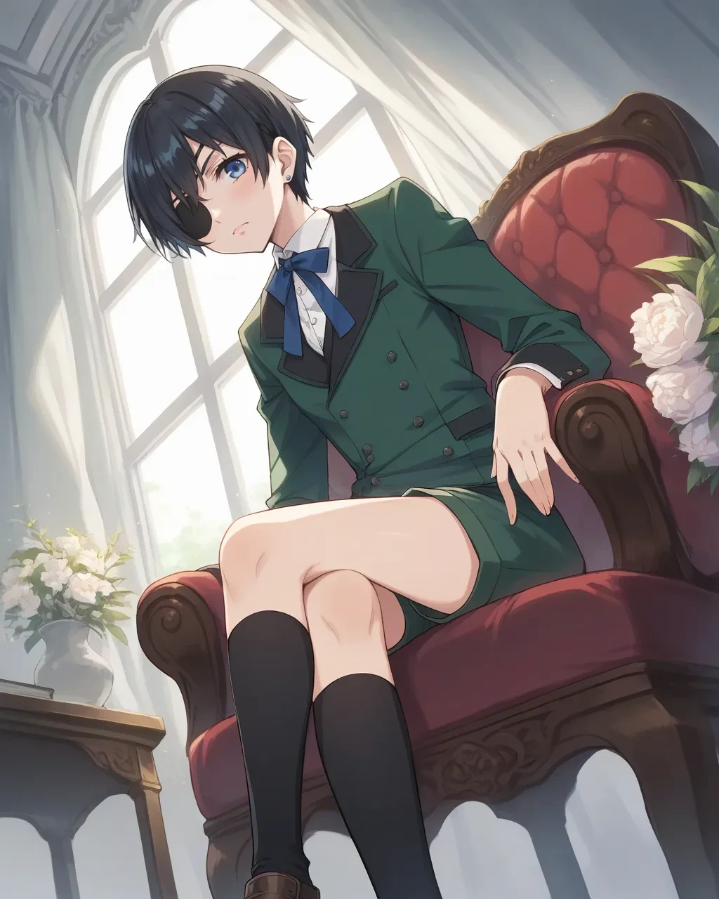 score_9,score_8_up,score_7_up,best quality, 4k, rating_safe, very aesthetic, source_anime,blush,
room,
<lora:Ciel_Phantomhive:0.7>,
Ciel_PhantomhiveAA,blue eyes,black hair,short hair,eyepatch,green suit,shorts,earrings,black socks,
dynamic angle,crossed legs,sitting chair,,