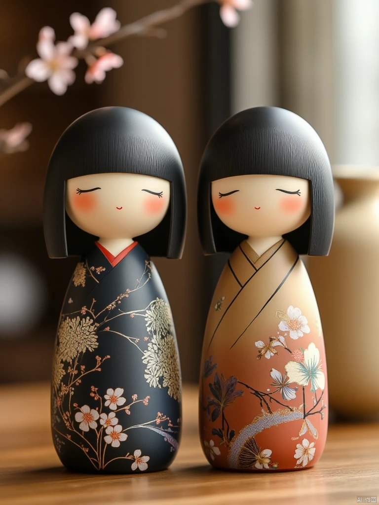 OBwawa,This is a photograph of two traditional Japanese dolls, known as "Doll of the Month" or "Hina Ningyo," positioned side by side on a wooden surface. Both dolls have smooth, round heads with closed eyes and rosy cheeks, giving them a serene expression. Their hair is styled in a bob cut, with straight, black bangs that frame their faces.The doll on the left is dressed in a deep navy blue kimono adorned with intricate floral patterns in light beige and white. The kimono features delicate floral motifs and birds, adding a touch of elegance and sophistication. The doll on the right wears a similar kimono, but in a warm terracotta color with floral designs in shades of beige, blue, and white. Both dolls have a slender, smooth body that contrasts with the detailed patterns on their kimonos.In the background, there are two elements: a vase with a branch of cherry blossoms, which adds a soft, natural touch to the scene, and a blurred, out-of-focus background that suggests a cozy, indoor setting, possibly a living room or a study. The overall ambiance is serene and traditional, with a focus on simplicity and elegance.