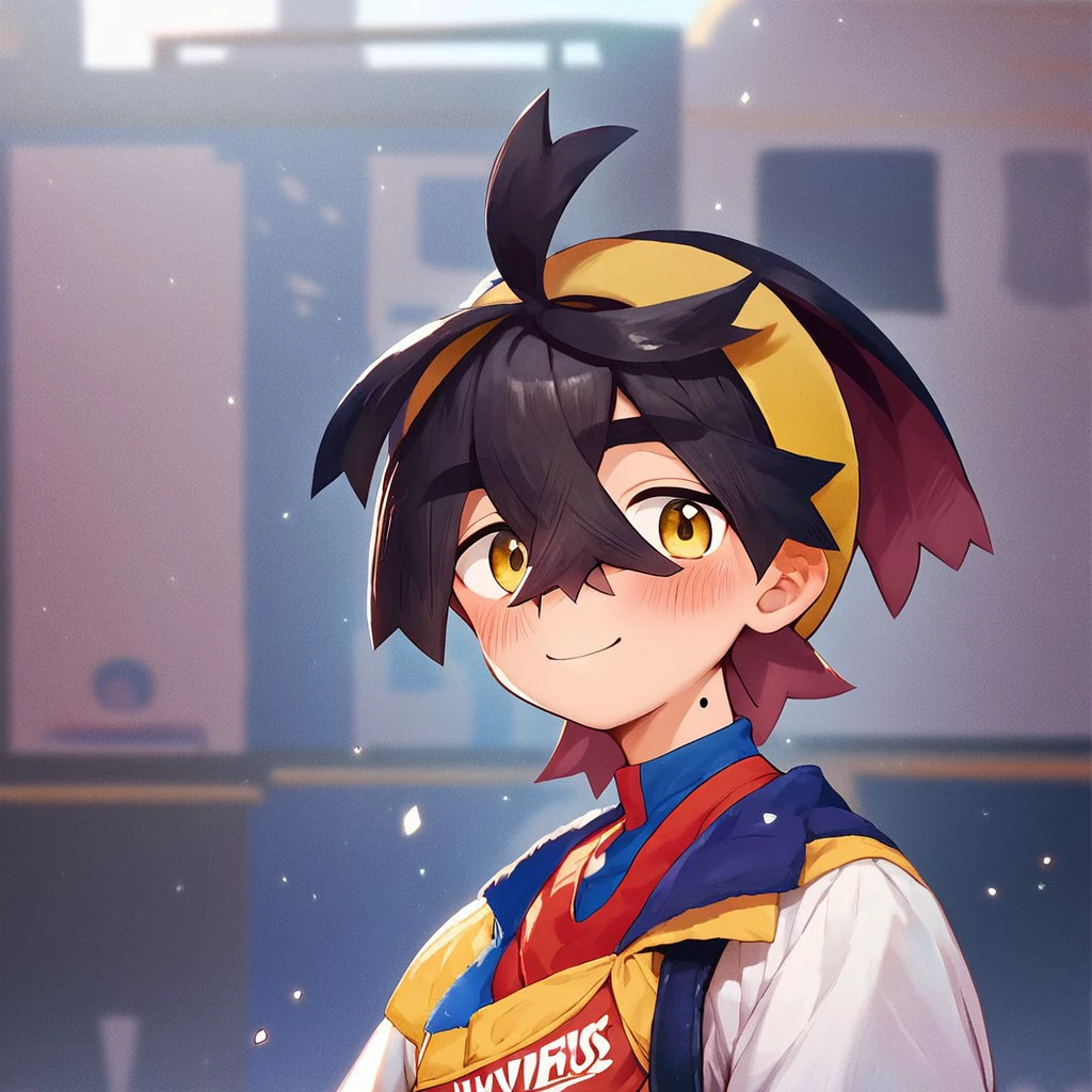 (masterpiece), score_9, score_8_up, score_7_up, score_6_up, score_5_up, score_4_up, 1boy, solo, Kieran, multicolored hair, yellow eyes, mole on neck, Hairstyle-A, yellow hairband, Outfit-A, blush, soft smile, looking at viewer