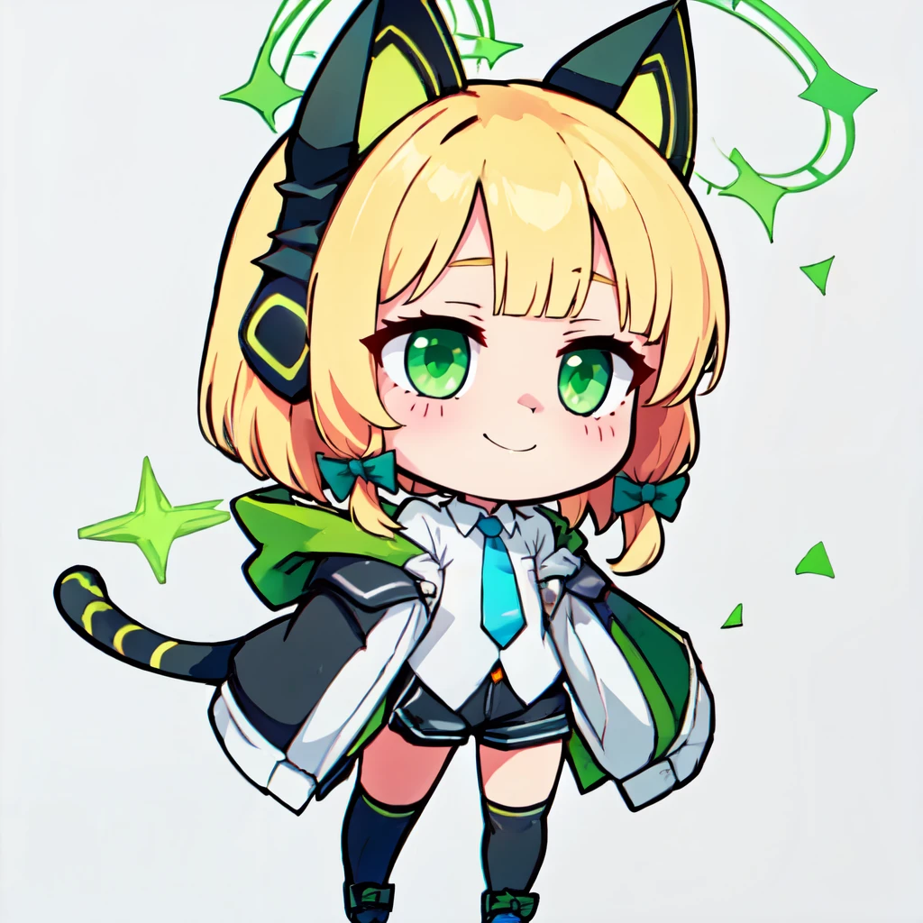 ((masterpiece,best quality)), absurdres,  ,,, <lora:BlueArchiveChibi:0.7>,  white background, chibi, smile, solo,  ,,, <lora:Midori_BlueArchive_Citron:0.8>, zzMidori, blonde hair, animal ears, fake animal ears, animal ear headphones, headphones, bow, short hair, cat ear headphones, halo, green eyes, hair bow, tail, green halo, cat tail, green bow , black thighhighs, blue necktie, collared shirt, long sleeves, white jacket, white shirt, black shorts, black footwear, open jacket, hood, wide sleeves