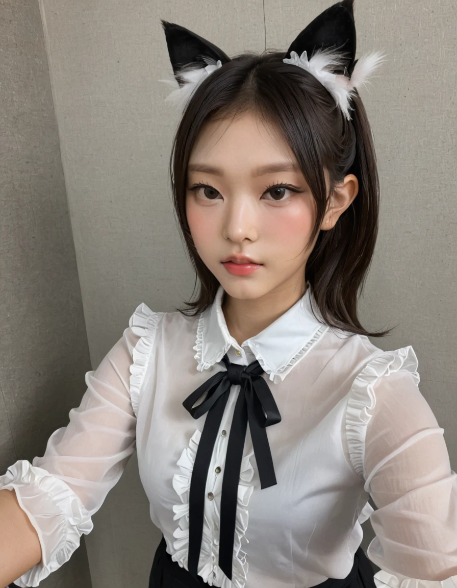 asian woman, korean idol, ruffle blouse, selfie, cat ears