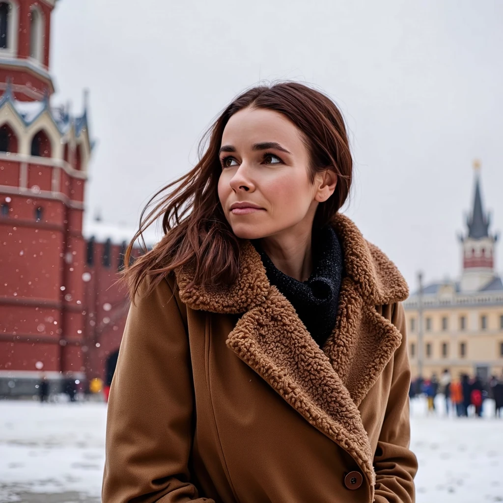 woman is wearing fur coat and standing in the middle of red square in Russia. She is looking to the side with thoughtful facial expression, wind is blowing her hair, it's snowfall, side view, atmospheric lighting