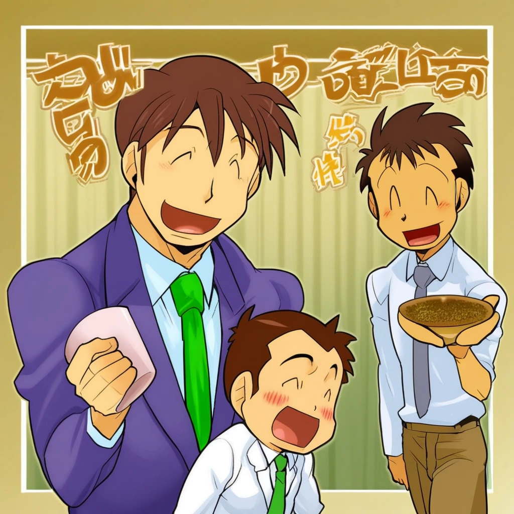 shunpei nakata, shunpei, nakata, manga, panels, male focus, multiple boys, 3boys, necktie, miniboy, brown hair, green necktie, blush, cup, smile, sakazuki, short hair, formal, open mouth, closed eyes