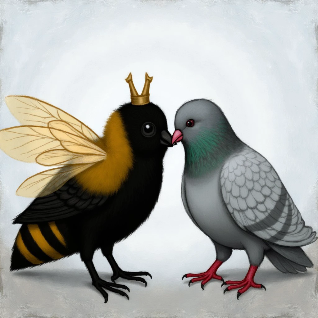 This is a digital painting by Luke Chueh. A queen bee and a pigeon stand close to eachother whispering secrets.