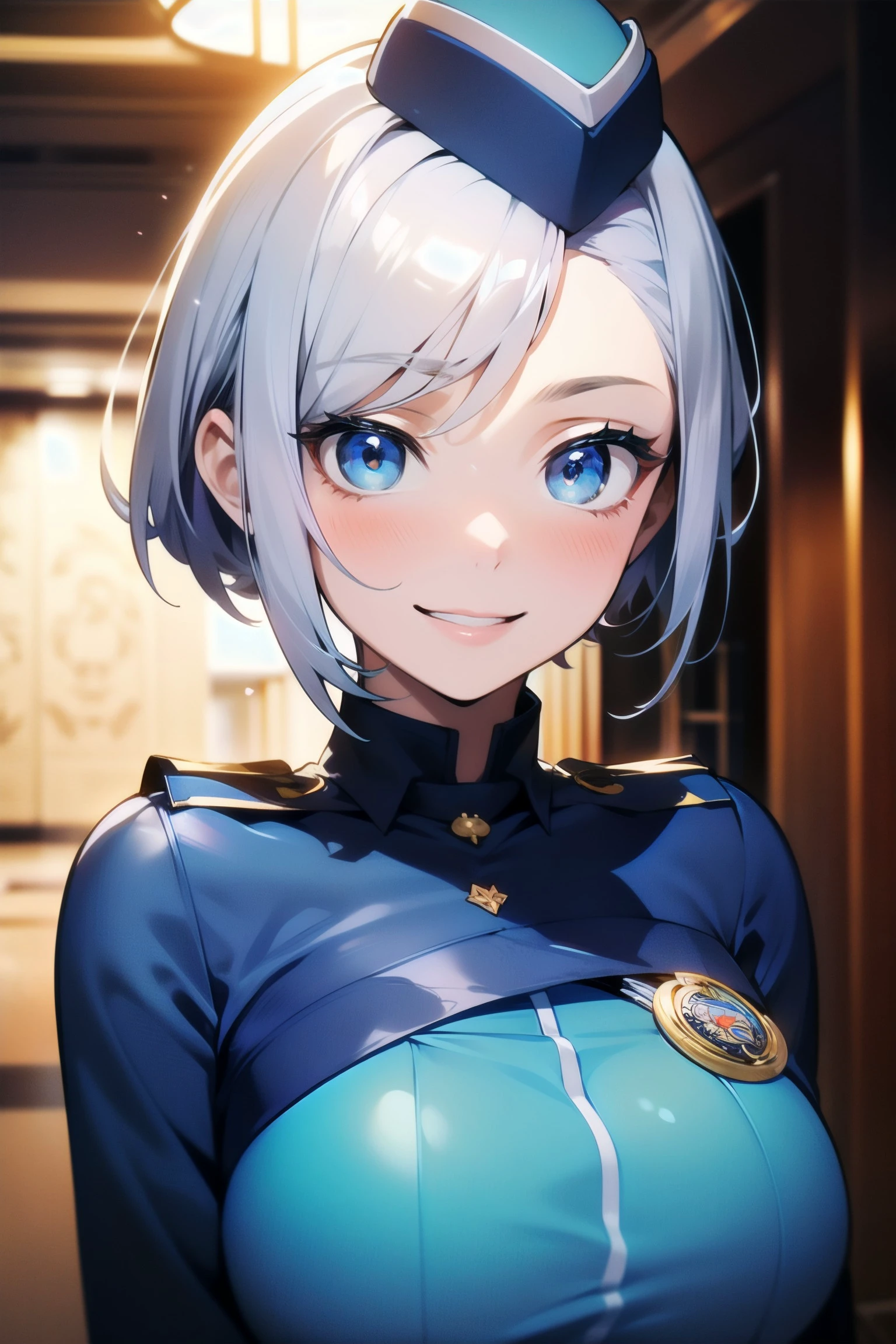 1girl, (solo), silver hair, pixie cut, thick, deep blue costume, garrison_cap, <lora:garrison_cap_v1:1>, name_badge, bust shot, in hotel lobby, in luxury room, (masterpiece:1.4), extremely detailed, (high resolution), (best quality),