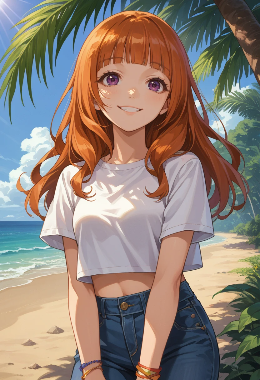 score_9, score_8_up, source_anime, 1girl, solo, AnjuYuuki, purple eyes, orange hair, long hair, blunt bangs, white shirt, short sleeves, crop top, jeans, bracelet, smile, outdoors, beach, sunlight, summer, <lora:ChamAnjuYuukiPonyXL:1>