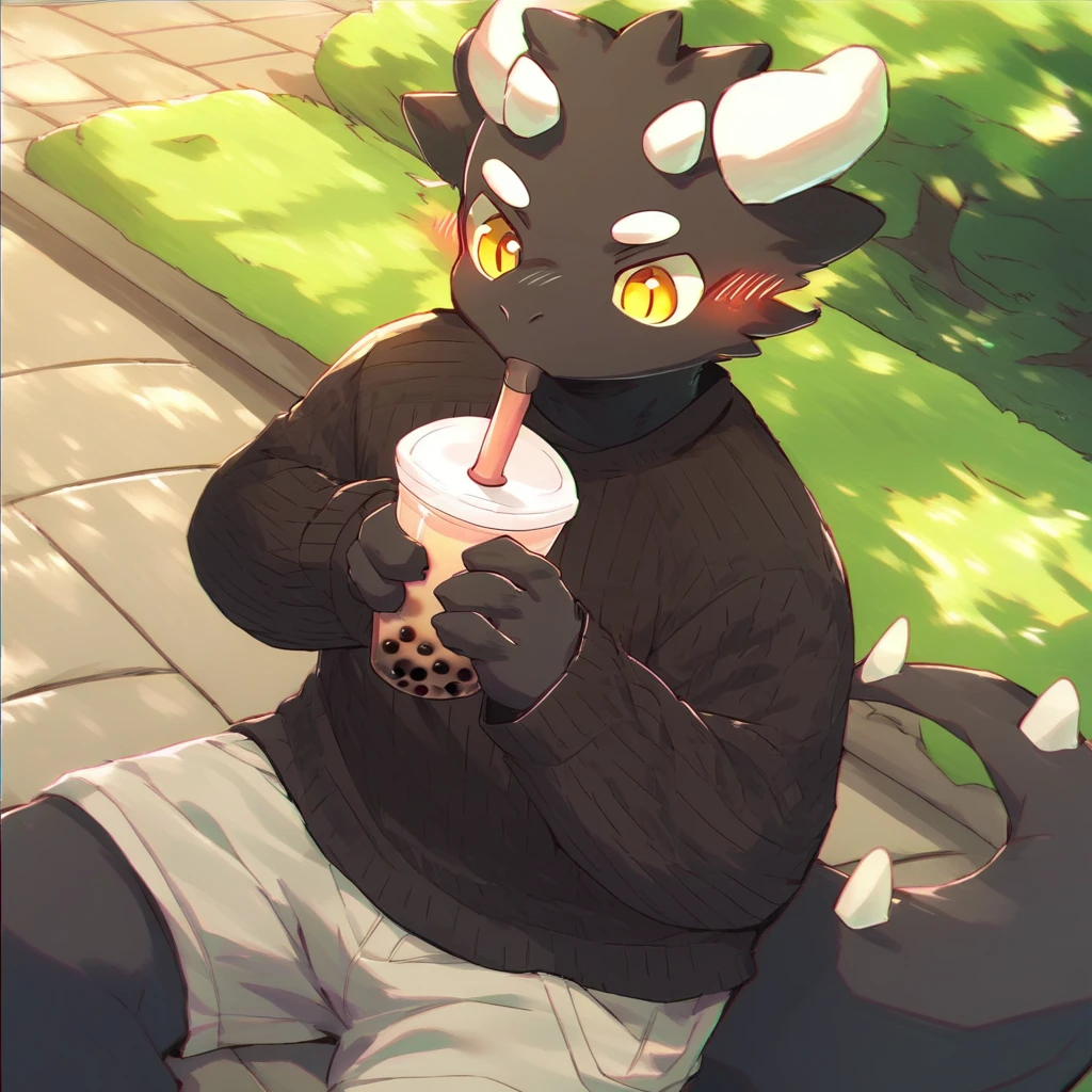 score_9_up, score_8_up, score_7_up, source_furry, mikus-M0fuch4, black dragon, black body, white horns, yellow eyes, park, holding, bubble tea, black sweater, gray shorts, 1boy, solo