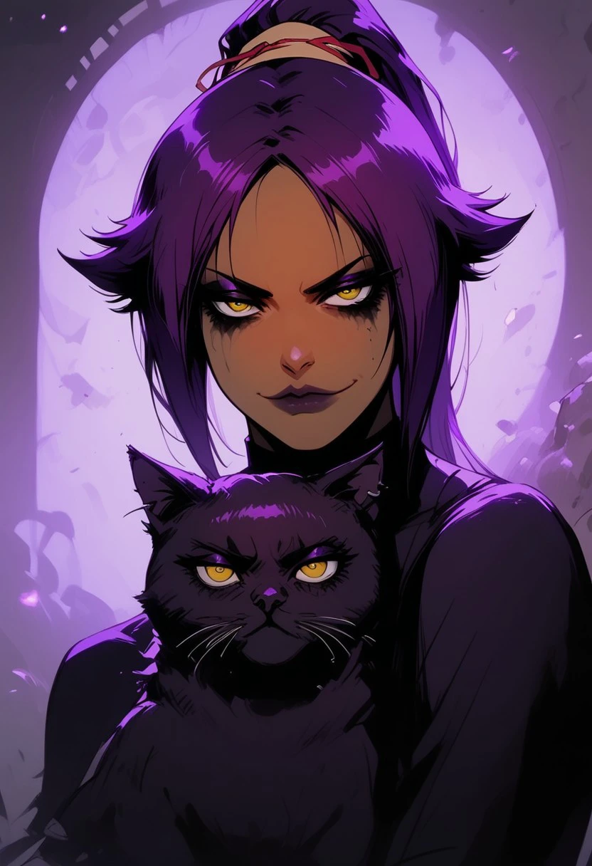 score_9, score_8_up, score_7_up, BREAK, 1girl, cowboy-shot, beautiful, dramatic lights ((Yoruichi, dark skin, purple hair, goth girl, goth makeup, mascara, eyeshadow, heavy makeup, yellow eyes, smug, closed mouth, vamp girl, vamp,)) hugging black cat, black cat, hug, hugging cat