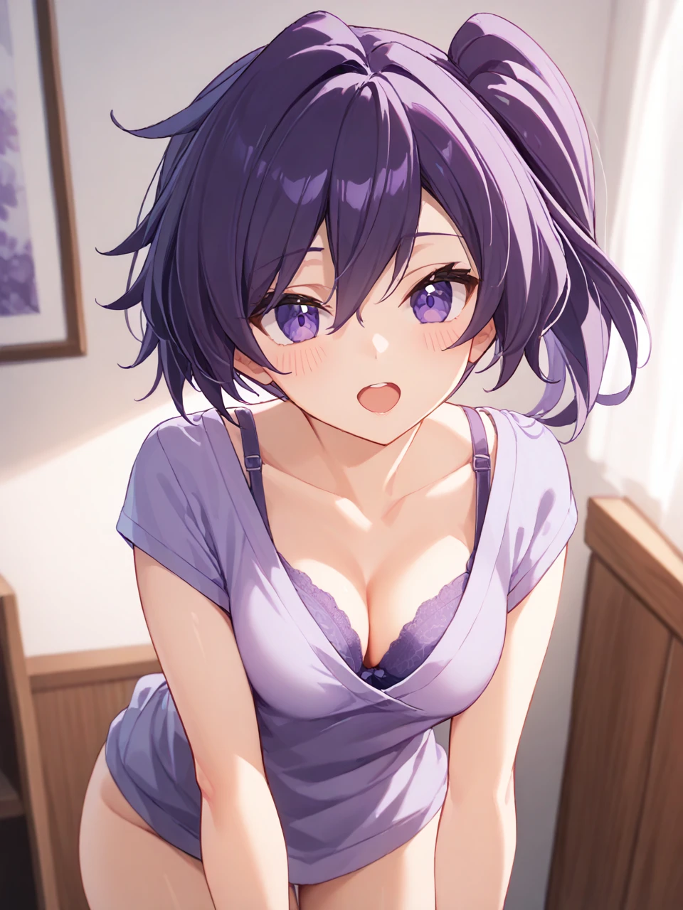 score 9,score 8 up,masterpiece, best quality, 
,1girl,fujisawa aya(gbd),purple eyes, purple hair,side ponytail,
purple shirt, leaning forward, open mouth, bra