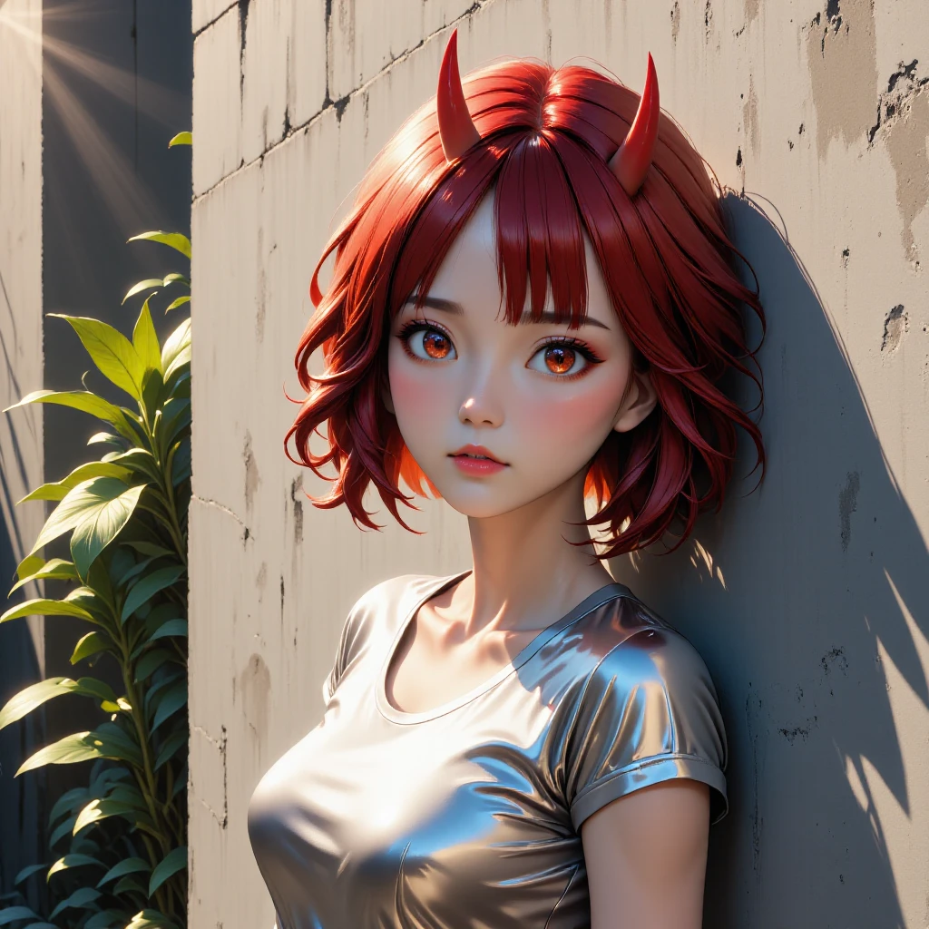 <lora:TzigoOniHornsFlux:1>, 1 beautiful girl with tzigoonihorns, details red eyes, short red hair, cool pose, concrete wall, slim body, small breasts, silver t-shirt, rays of sunshine, cinematic,