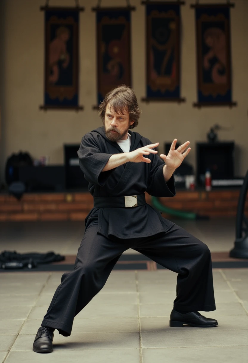 Luke Skywalker, a skilled martial artist mid-move, eyes intense, wearing a traditional gi with a black belt; behind him, a dojo with hanging scrolls and training equipment.