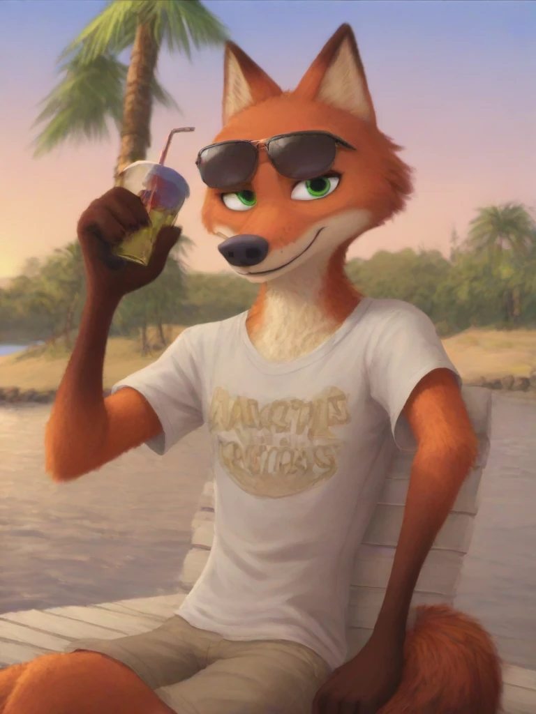 anthro, Nick wilde, fox, outdoors, river, chain-linked fenced area, river, portrait, shaded sunglasses, smile, holding drink in one hand, tropical, palm trees, sand, hawaiin shirt, lounge chair in background, skinny, looking at viewer, sitting