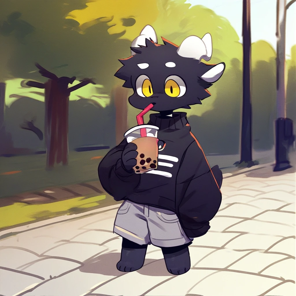 score_9_up, score_8_up, score_7_up, source_furry, mikus-CopiTheCat, black dragon, black body, white horns, yellow eyes, park, holding, bubble tea, black sweater, gray shorts, 1boy, solo