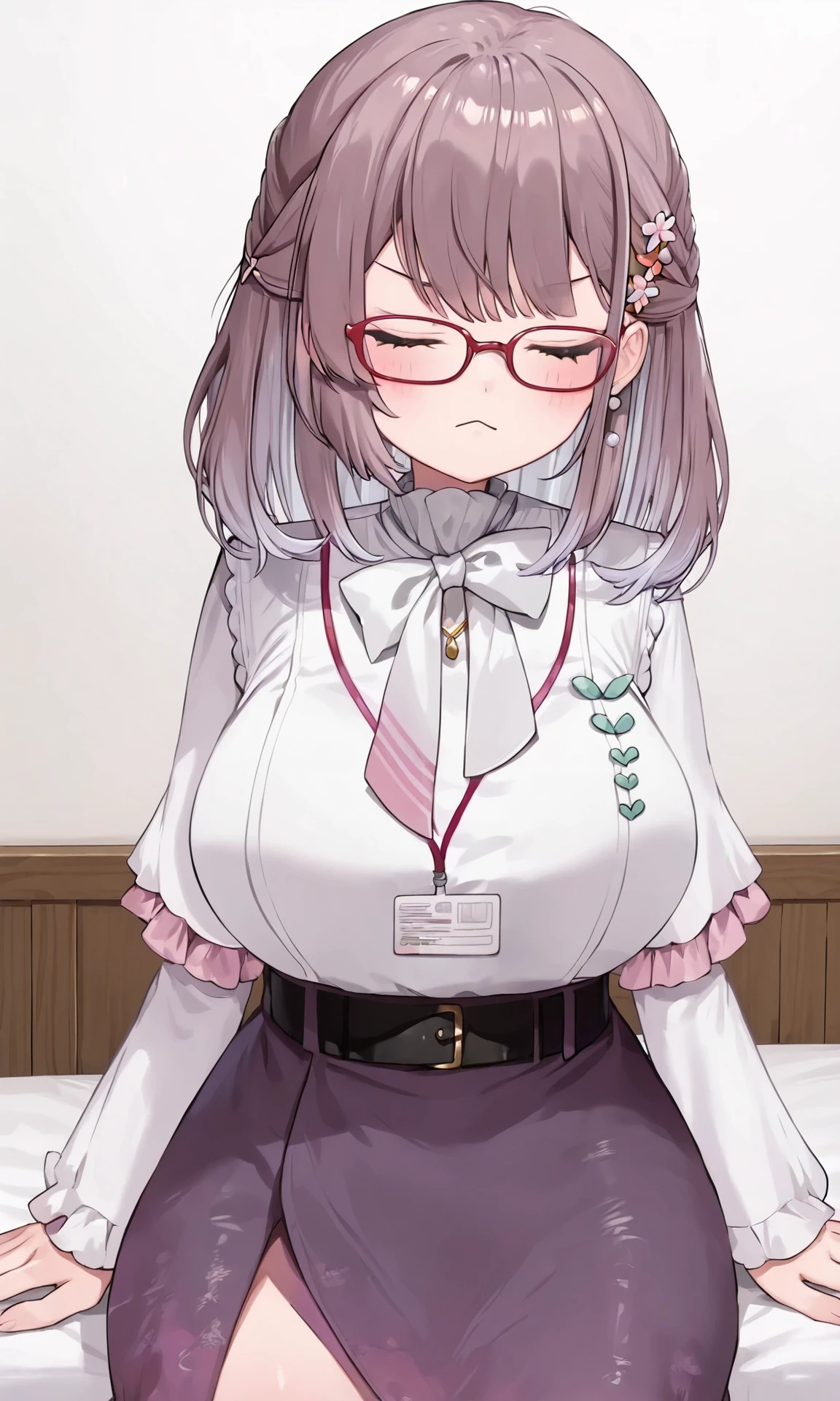 score 9, score 8, score 7, 
momo, custome1, official art, 1girl, solo, closed eyes, glasses, bow, frills, red-framed eyewear, shirt, id card, closed mouth, huge breasts, white shirt, medium hair, bowtie, purple skirt, belt, cowboy shot, white bow, blush, frown, short sleeves, frilled shirt, white bowtie, lanyard, :<, facing viewer, necklace, white background, simple background, sitting, indoors, bedroom, bed