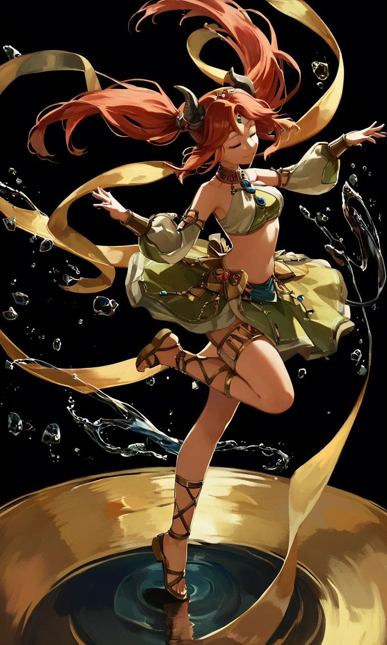 score_9, score_8_up, score_7_up, 1girl, gladiator sandals, puffy long sleeves, neck ring, bracer, solo, long hair, water, closed eyes, standing on one leg, stomach, horns, floating hair, skirt, sandals, long sleeves, red hair, gold footwear, puffy sleeves, breasts, standing, jewelry, smile, circlet, black background, veil, bangs, brooch, crop top, medium breasts, thighlet, leg up, closed mouth, fake horns, twintails, gold trim, full body, reflection, parted bangs, bare shoulders, sidelocks, thighs, toes, dancer, gem,<lora:Pony-Bright Artistry-Zycc:0.8>