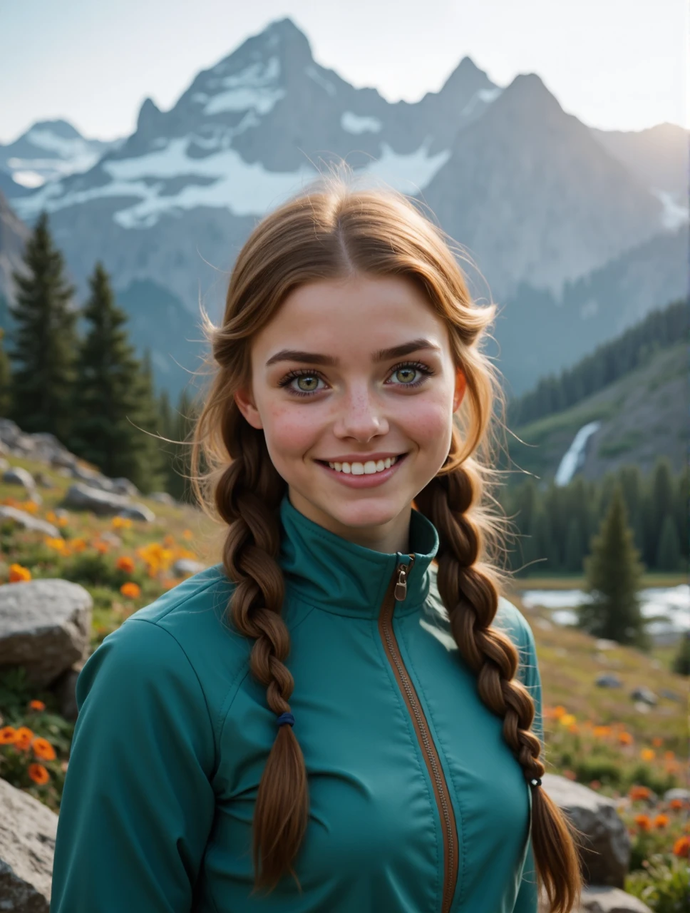 In a breathtaking mountain landscape, a pretty young woman stands confidently at the edge of a rugged trail, her face illuminated by the soft glow of the late afternoon sun. Her sparkling hazel eyes, reflecting the vibrant hues of the sky above, are wide with excitement and determination as she pauses to take in the stunning panoramic view of jagged peaks wrapped in patches of fluffy white snow. Wisps of her long, sun-kissed, twin-braided hair, tousled by the crisp mountain breeze, frame her face, which is adorned with a radiant smile that conveys both joy and a sense of adventure.
She wears a lightweight, vibrant teal hiking jacket unzipped to reveal a snug, breathable layer beneath, showcasing her athletic build, honed by countless outdoor escapades. Her cheeks are slightly flushed from the invigorating altitude and physical exertion, and the faint scent of wildflowers from the nearby meadow mingles with the fresh, invigorating aroma of pine trees. 
In the background, a cascade of shimmering waterfalls tumbles down rocky cliffs, creating a soothing symphony of rushing water that resonates through the serene valley. Scattered boulders covered in vibrant green lichen and colorful wildflowers decorate the trail, enhancing the natural beauty surrounding her. As she stands there, a gentle breeze brushes against her skin, carrying with it the thrill of exploration and the promise of new adventures ahead.
<lora:atrx-manuela-flux:1.1>