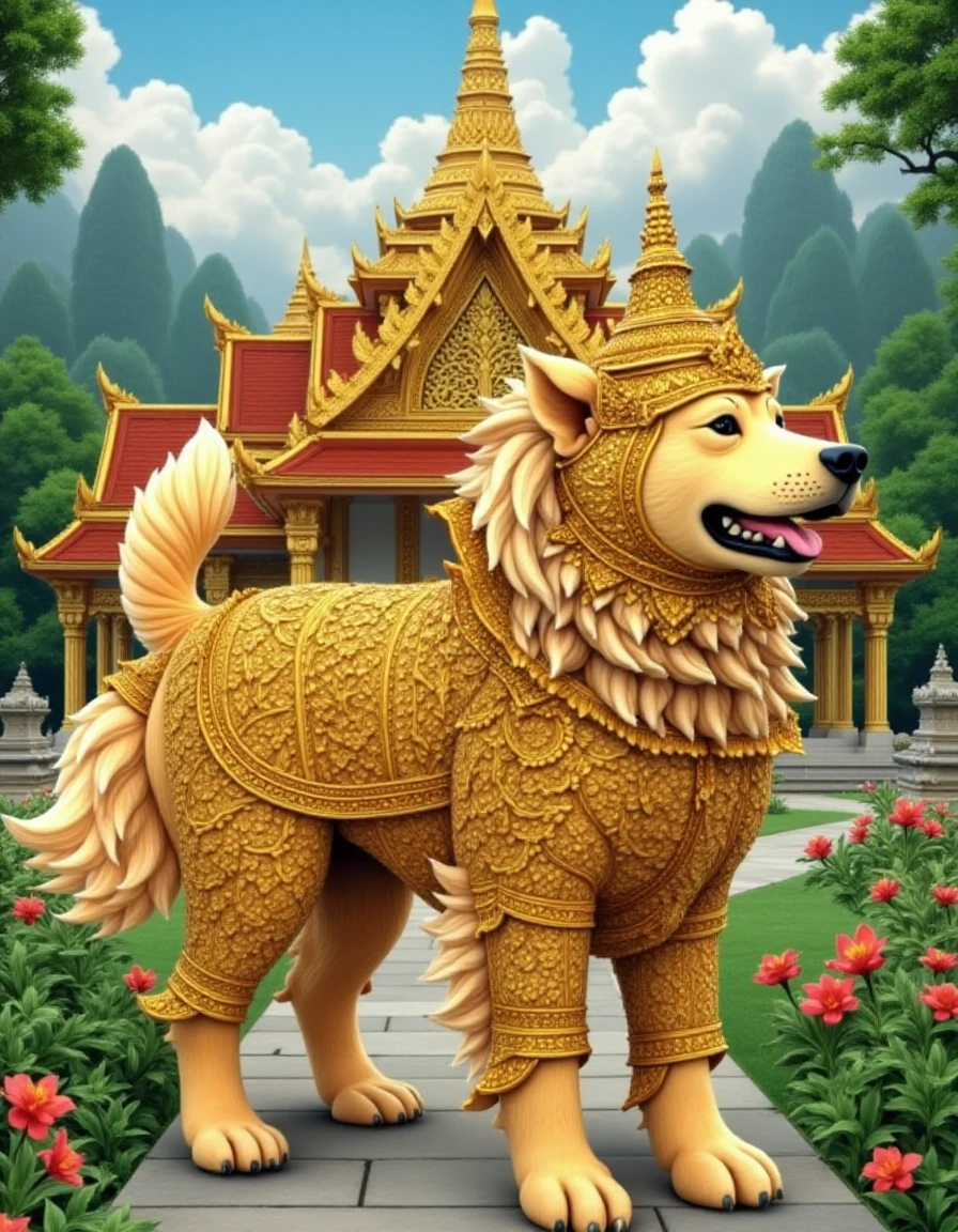 <lora:Ramayana:1:2>, (((Ramayana))), The backdrop is a Thai-style palace. and has a flower garden Virtual image, (((Thai art style, High Detail))), sky background, (((realistic))), high quality, (((dog, 4 legs, 1 head))), (Golden Retriever), Wearing a costume gold