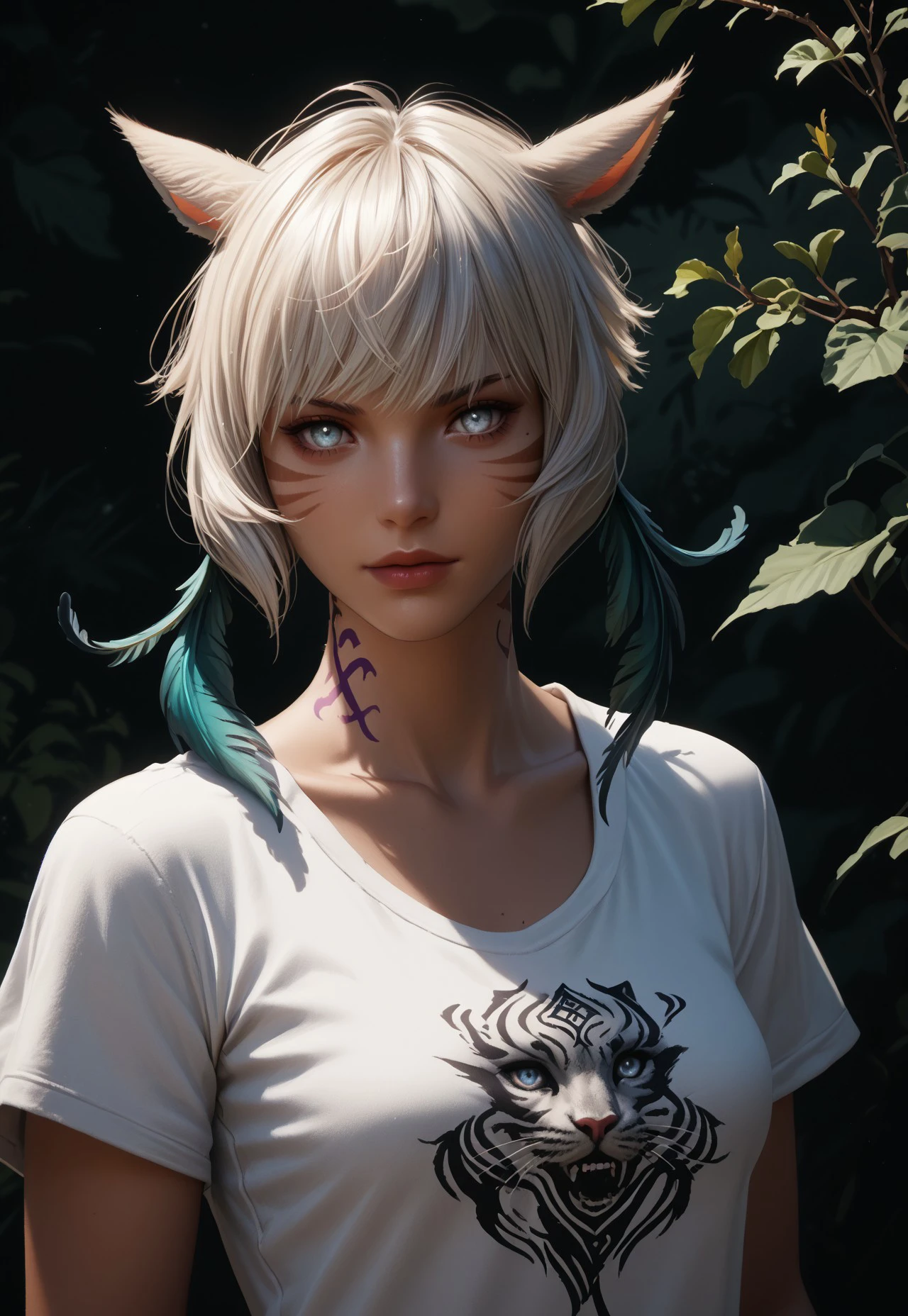 safe_pos, Yshtola Rhul, 1girl, solo, looking at viewer, short hair, blue eyes, animal ears, cleavage, medium breasts, upper body, flower, white hair, cat ears, dark skin, dark-skinned female, lips, grey eyes, tattoo, facial mark, feathers, t-shirt, whisker markings, miqo'te, neck tattoo, score_9, score_8_up, score_7_up, score_6_up, score_5_up, score_4_up,