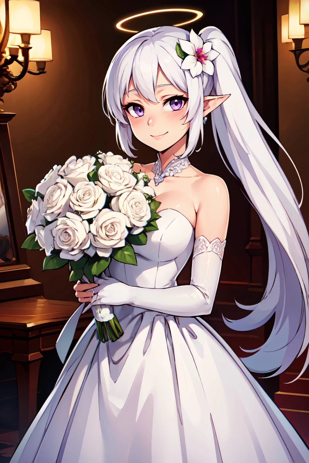 ((masterpiece,best quality)), absurdres,  BREAK, , <lora:Mutsuki BlueArchive Citron:0.8>, zzMutsuki, long hair, halo, purple eyes, hair ornament, white hair, side ponytail, grey hair, pointy ears, hair flower,  solo, , BREAK, bride, wedding dress, bridal veil, strapless dress, elbow gloves, holding bouquet,, BREAK, solo, smile, looking at viewer, cowboy shot,