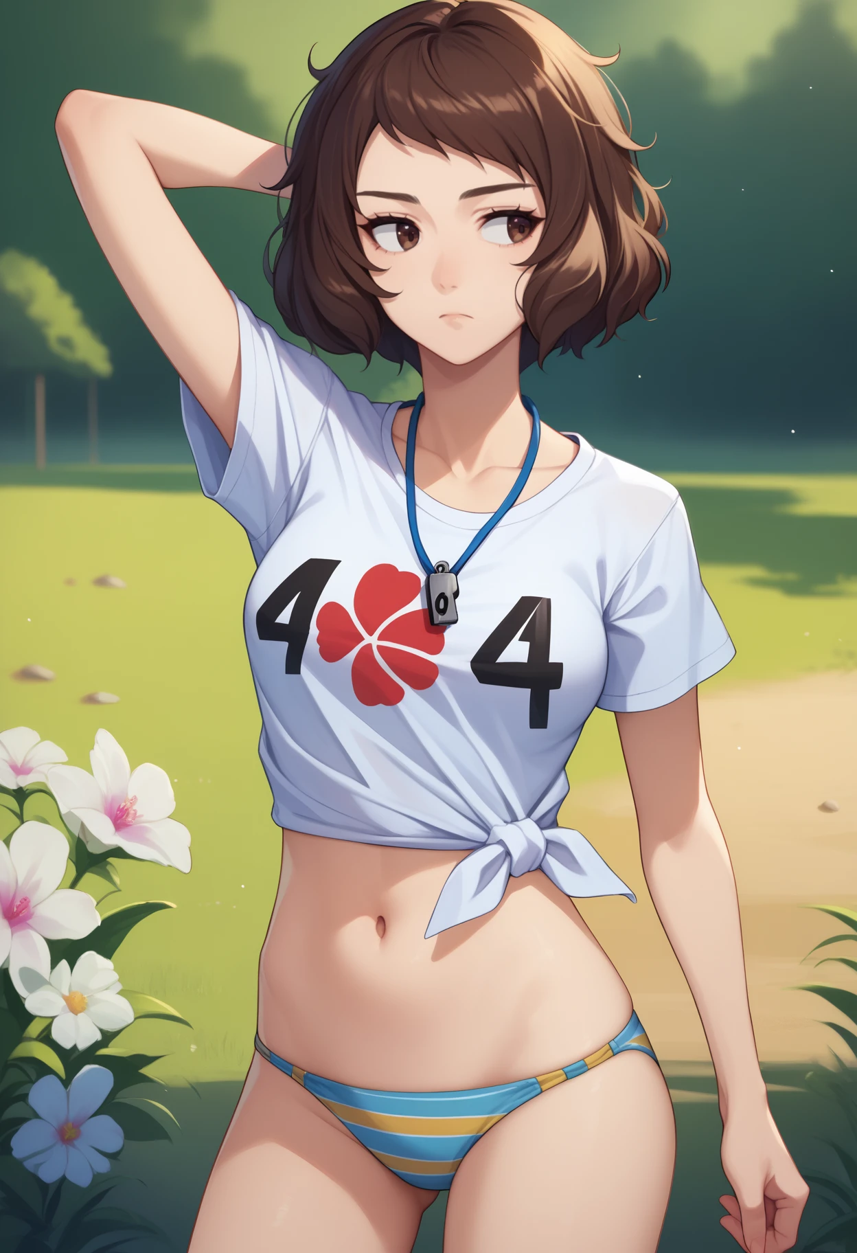 score_9, score_8_up, score_7_up, source_anime, <break> solo, 1girl, saday0swim, expressionless, looking away, standing, arm behind head, hand on own hip, short hair, brown hair, brown eyes, white shirt, t-shirt, tied shirt, print shirt, clothes writing, striped bikini, bikini bottom only, whistle around neck, collarbone, navel, medium breasts, outdoors, beach
<segment:yolo-face_yolov8m.pt,0.4,0.5//cid=1>