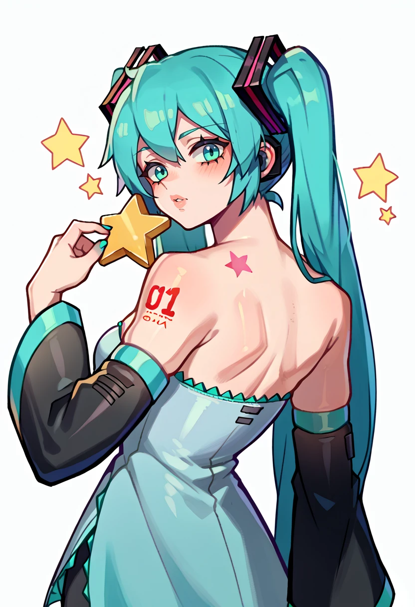 score_9, score_8_up, score_7_up, source_anime, BREAK, solo, 1girl, looking at viewer, <lora:Joestar-Brithmark-pdxl_Fp:1.2>, joestar birthmark, birthmark, hatsune miku, shoulder tattoo, detached sleeves, star \(symbol\),