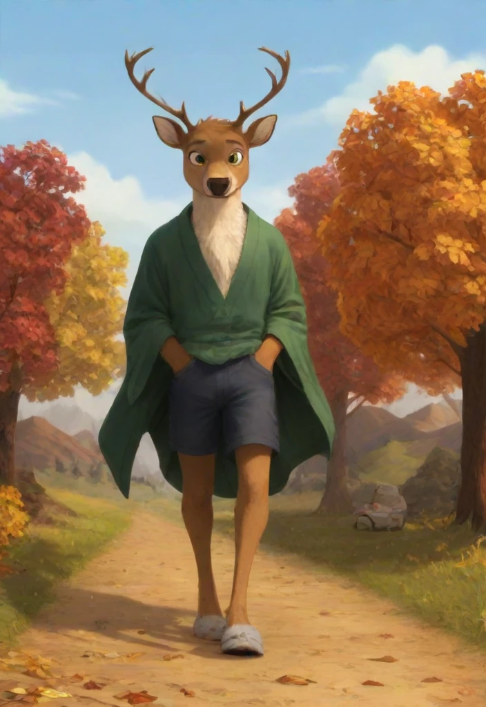 score_8_up, score_7_up, score_6_up, male, deer, green robe, windy, breath, mountains, autumn, trees, leaves blowing, robe blowing in wind, looking at viewer, half-closed eyes, furry, tail, slippers, top of mountain, big eyes, cute, elevation, scenic, morning, tall, hands in pockets, shorts, chest tuft, walking, footprints, adult