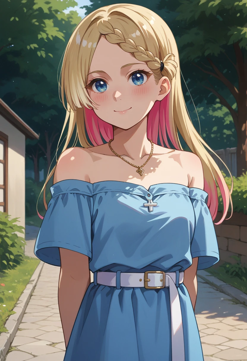 score_9, score_8_up, source_anime, 1girl, solo, SeiraKurusu, blue eyes, colored inner hair, blonde hair, pink hair, long hair, braid, necklace, blue dress, off-shoulder, white belt, smile, arms behind back, blush, outdoors, <lora:ChamSeiraKurusuPonyXL:1>