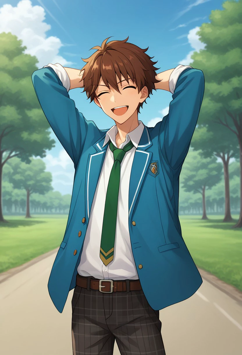 score_9, score_8_up, score_7_up, source_anime, highly detailed, 
chiaki, 1boy, male focus, brown hair, school uniform, necktie, plaid pants, solo, green necktie, closed eyes,
pants, smile, plaid, open mouth, looking at viewer, jacket, hands behind head, blazer, rbelt, shirt, rolled up sleeves,
outdoor, sky, cloud, tree