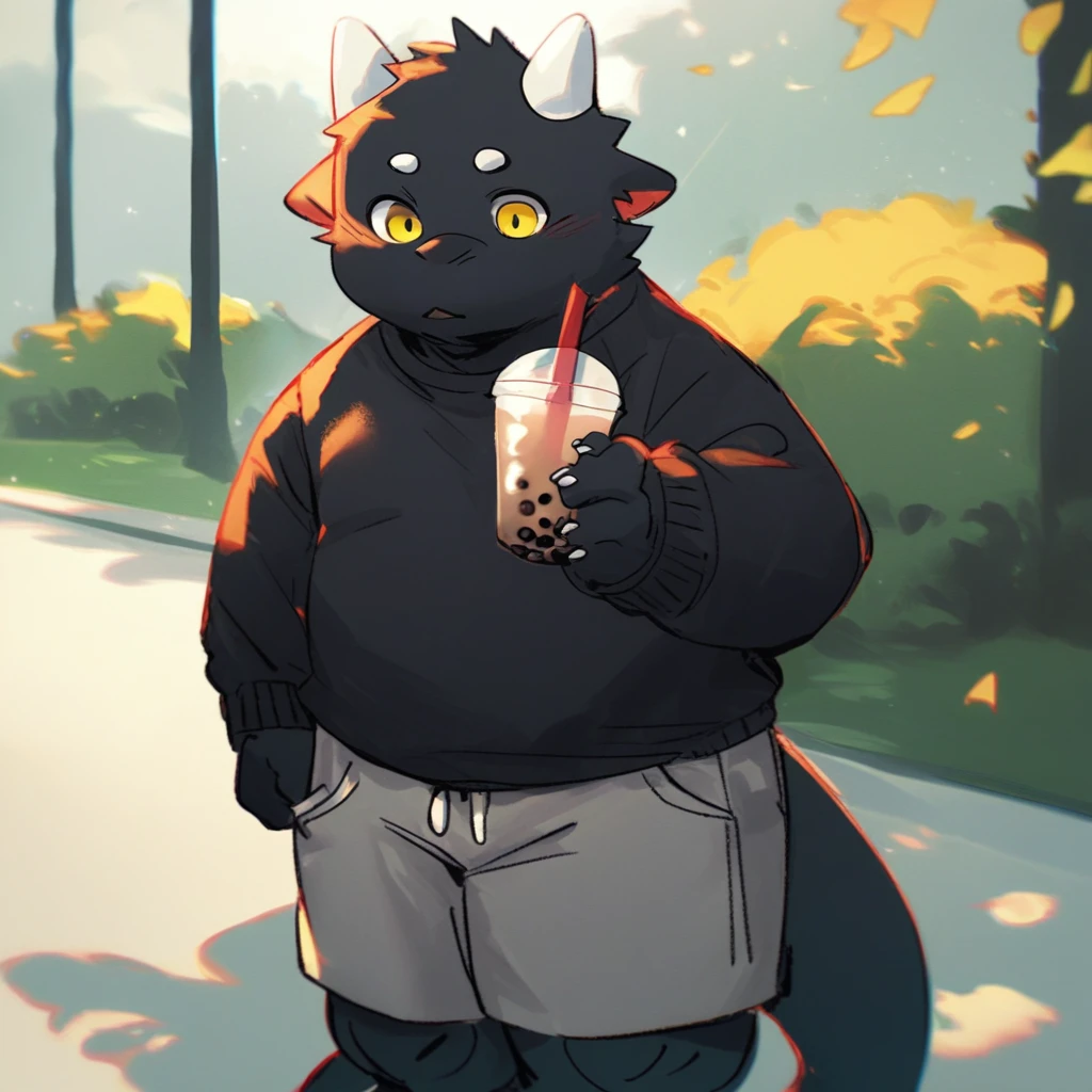 score_9_up, score_8_up, score_7_up, source_furry, mikus-Tongmung24, black dragon, black body, white horns, yellow eyes, park, holding, bubble tea, black sweater, gray shorts, 1boy, solo