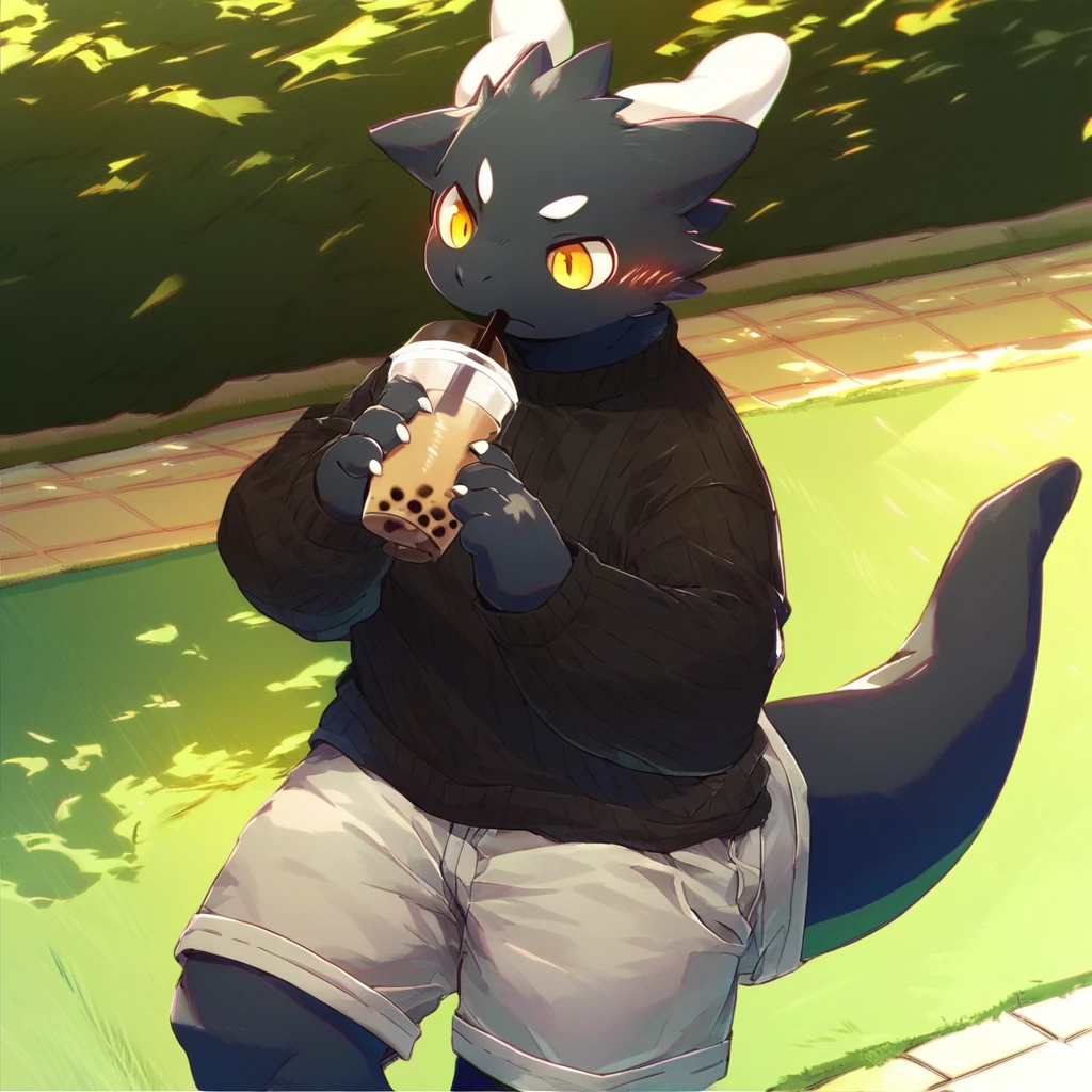 score_9_up, score_8_up, score_7_up, source_furry, mikus-M0fuch4, black dragon, black body, white horns, yellow eyes, park, holding, bubble tea, black sweater, gray shorts, 1boy, solo