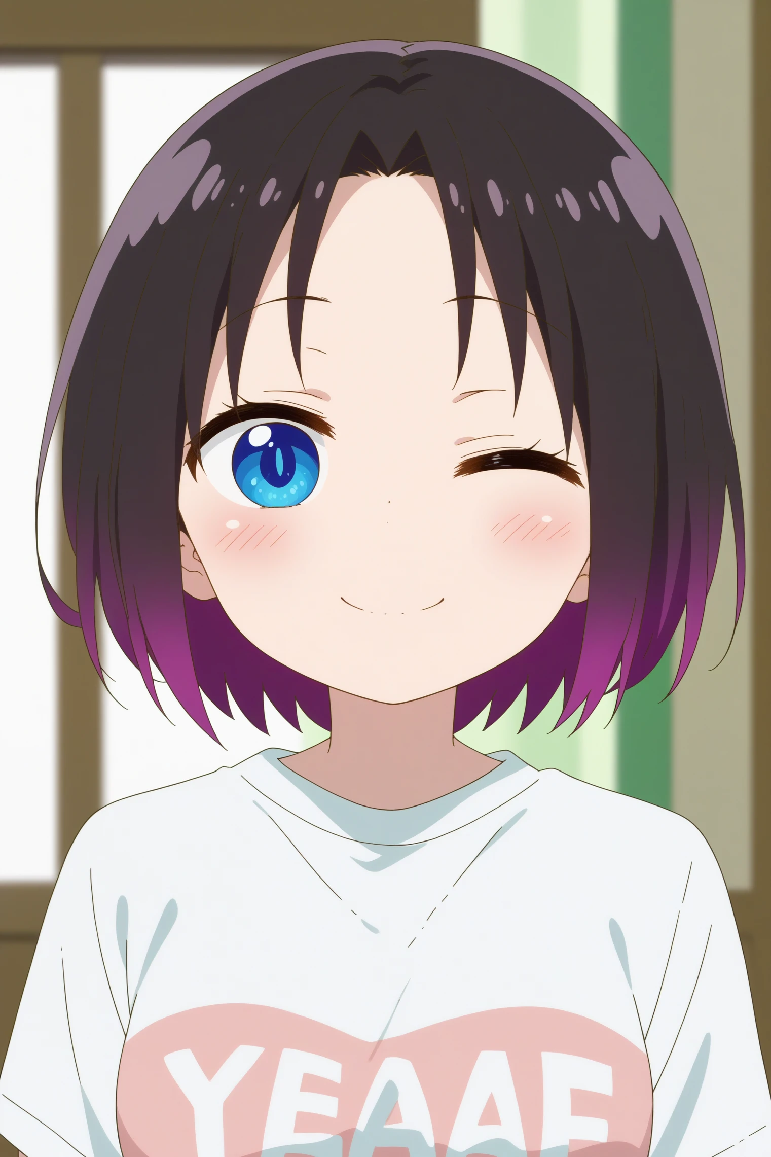 1girl,solo,elma ,multicolored hair,gradient hair,purple hair,smile,short hair,shirt,upper body,blush, wink, happy,indoors 