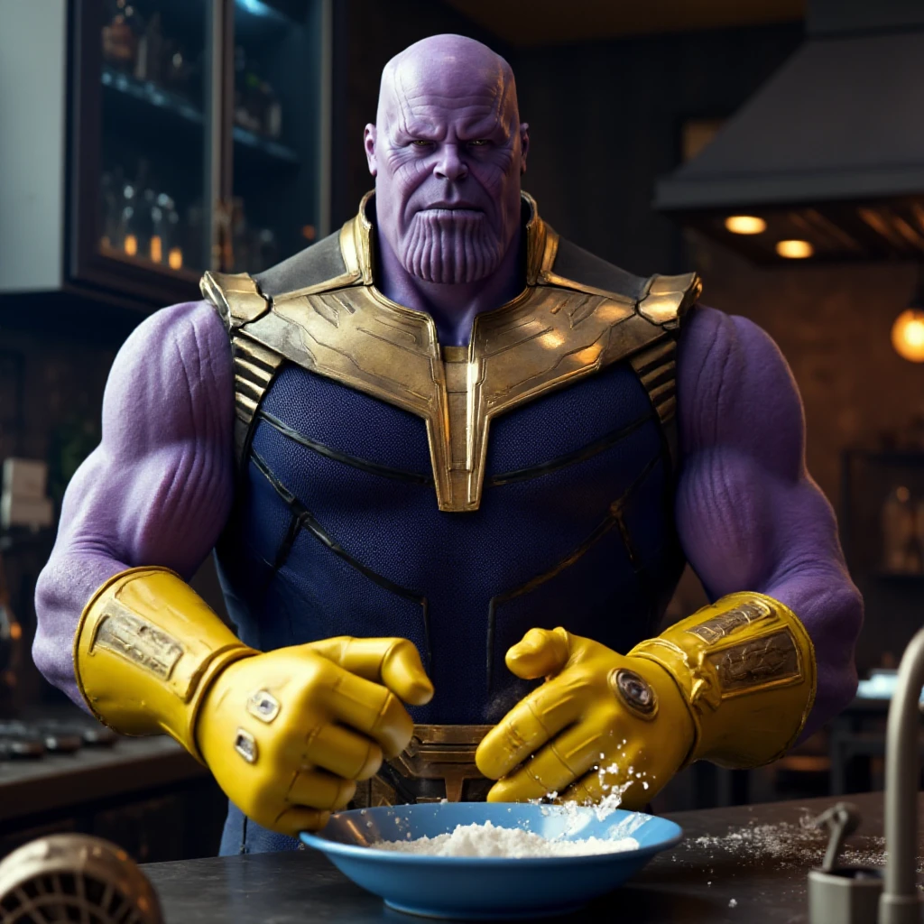 Thanos is cleaning dishes wearing rubber gloves <lora:Thanos:0.9>